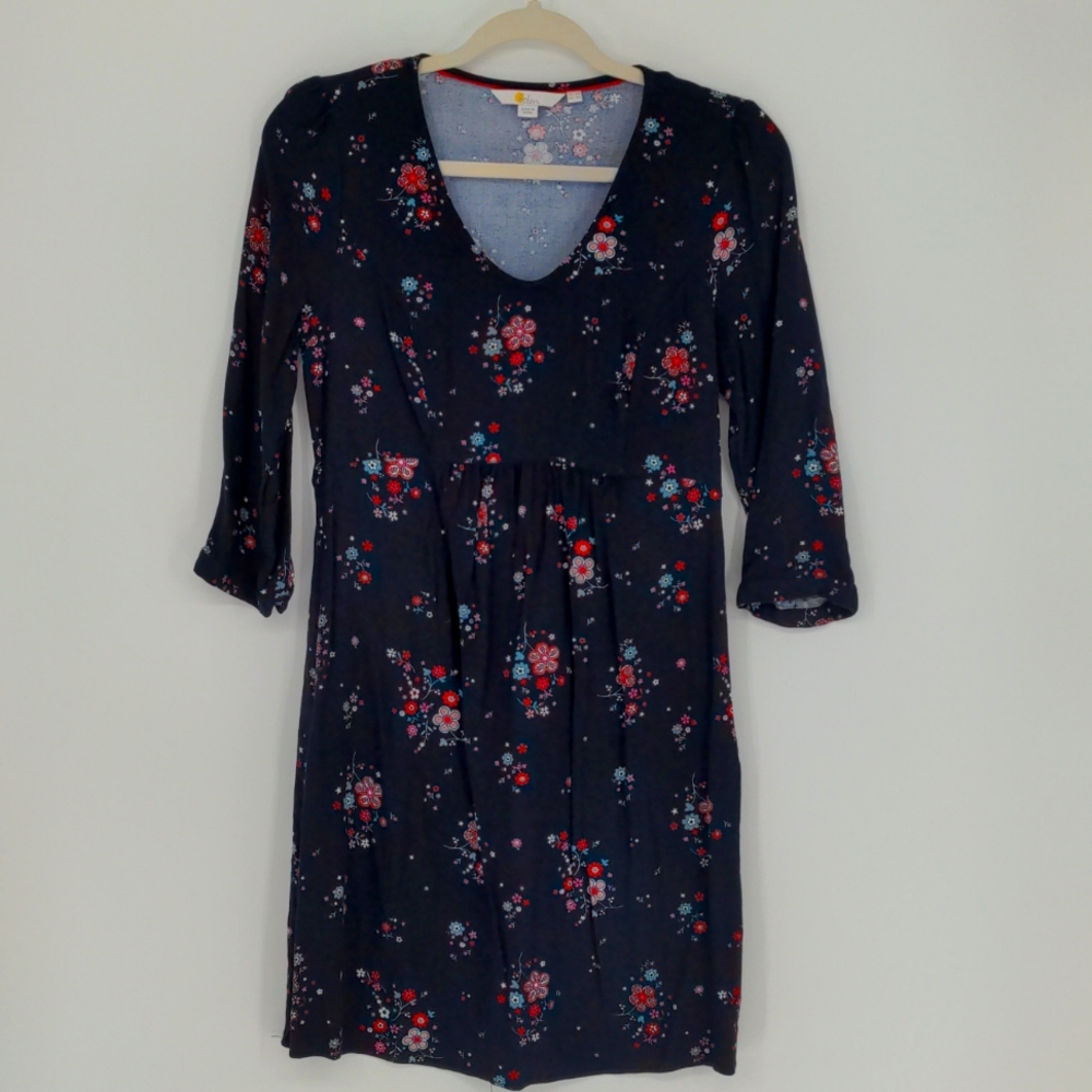Boden Eliza Dress Women's Size 4 Floral Print 3/4 Sleeve‎ V-Neck Tunic Navy Blue